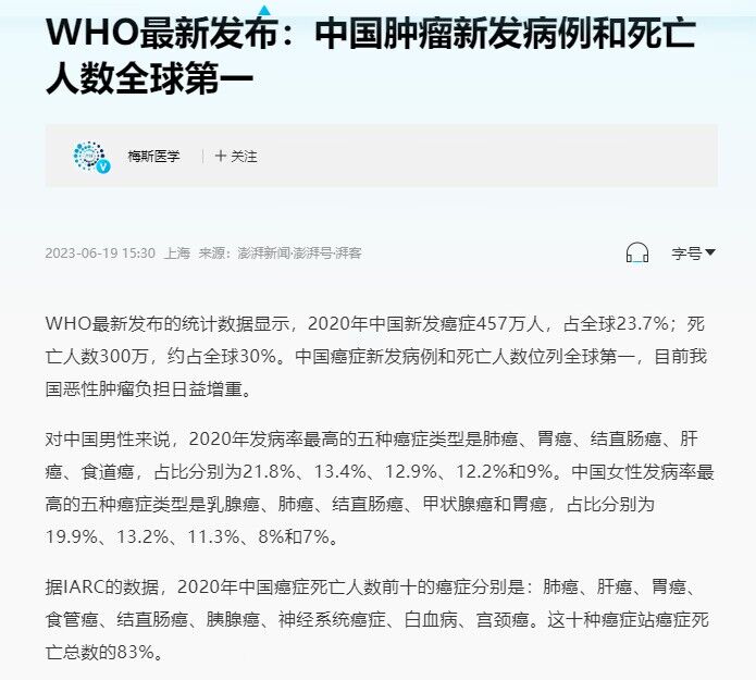 WHO最新发布：中国肿瘤新发病例和死亡人数全球第一