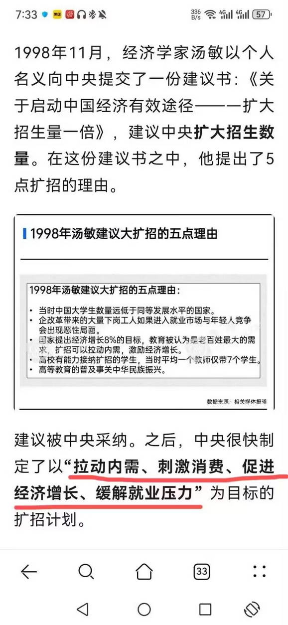 1998年11月，经济学家汤敏向中央提交了一份建议书：《关于启动中国经济有效途径一扩大招生量一倍》，建议中央扩大招生数量。