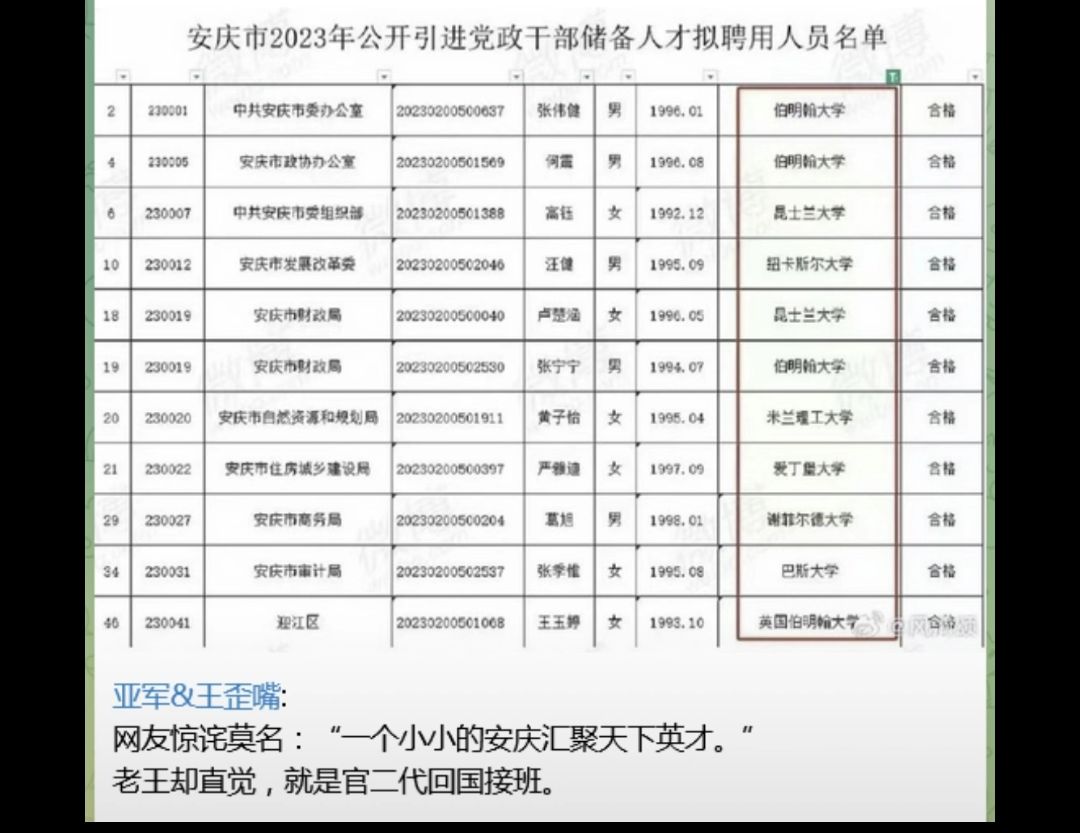 安庆市2023年公开引进党政干部储备人才拟聘用人员名单
