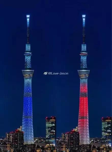 日本捐助：东京晴空塔红蓝灯光
