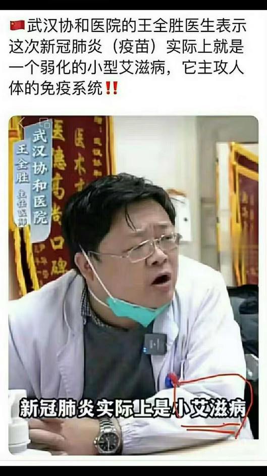 武汉协和医院的王全胜医生表示这次新冠肺炎(疫苗) 实际上就是一个弱化的小型艾滋病，它主攻人体的免疫系统！
