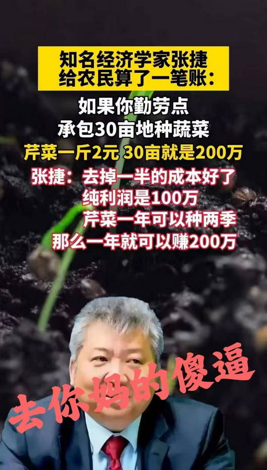 知名经济学家张捷给农民算了一笔账：如果你勤劳点承包30亩地种蔬菜，芹菜一斤2元，30亩就是200万