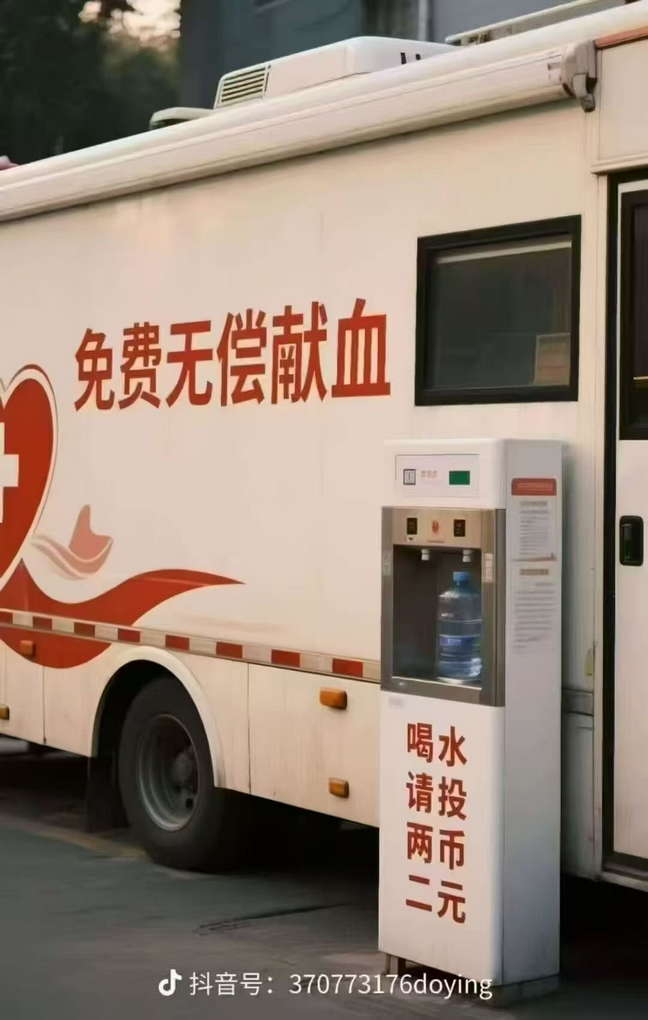 免费无偿献血，喝水请投币二元两币
