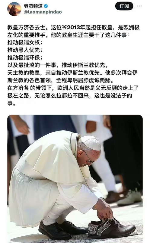 教皇方济各去世。2013年起担任教皇，是欧洲极左化的重要推手