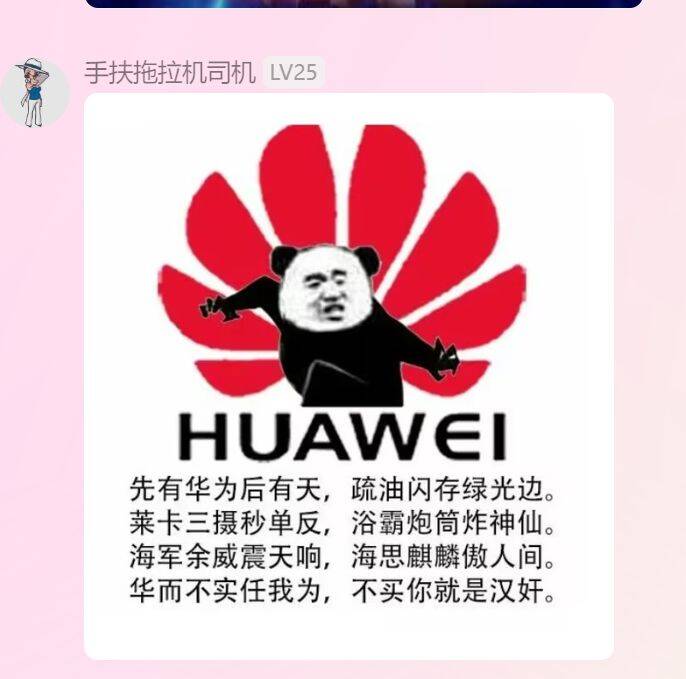 先有华为后有天，疏油闪存绿光边。华而不实任我为，不买你就是汉奸。