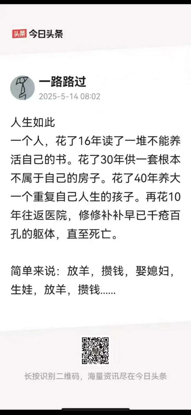 国人人生：放羊，攒钱，娶媳妇生娃，放羊，攒钱。。。

