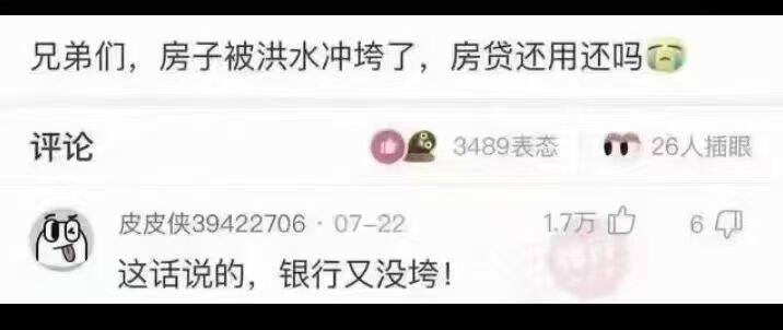 兄弟们，房子被洪水冲垮了，房贷还用还吗！这话说的，银行又没垮!
