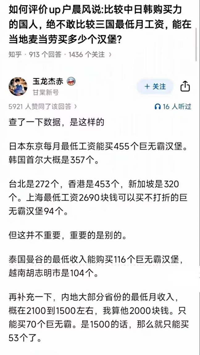 比较中日韩购买力，最低月工资能在当地麦当劳买多少个汉堡?