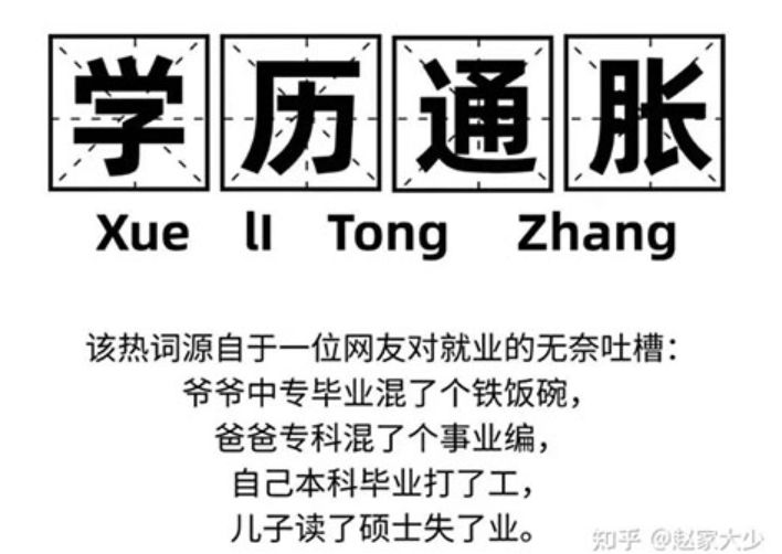 学历通胀：爷爷中专毕业混了个铁饭碗，爸爸专科混了个事业编，自己本科毕业打了工，儿子读了硕士失了业。