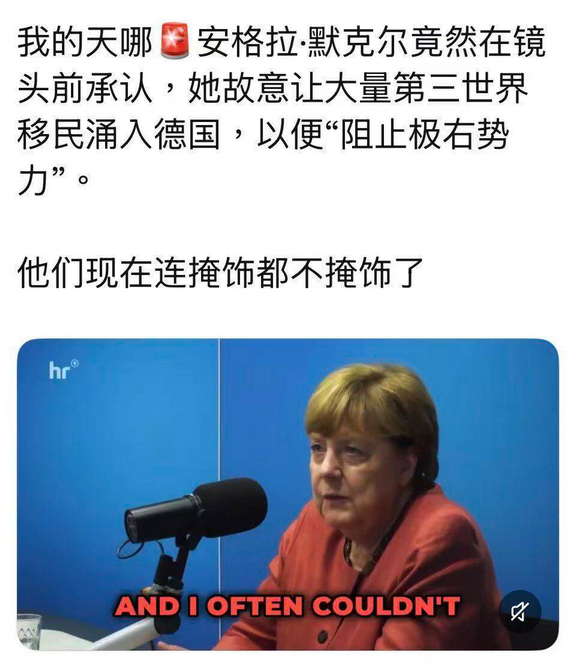 默克尔承认：她故意让大量第三世界移民涌入德国﹐以便“阻止极右势力”。

