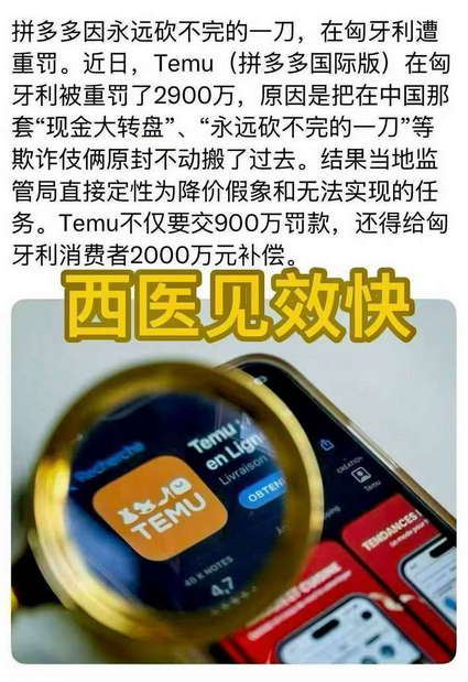 西医见效快：拼多多因永远砍不完的一刀，在匈牙利遭重罚。