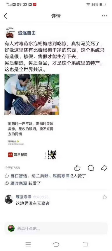有人对毒药水泡杨梅感到吃惊，好像这里还有比毒杨梅干净的东西，