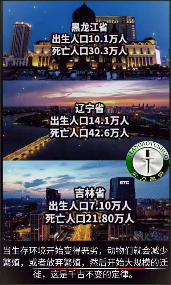 东北三省出生人口和死亡人口对比：当生存环境变得恶劣，动物们就会减少繁殖放弃繁殖，然后大规模迁徙